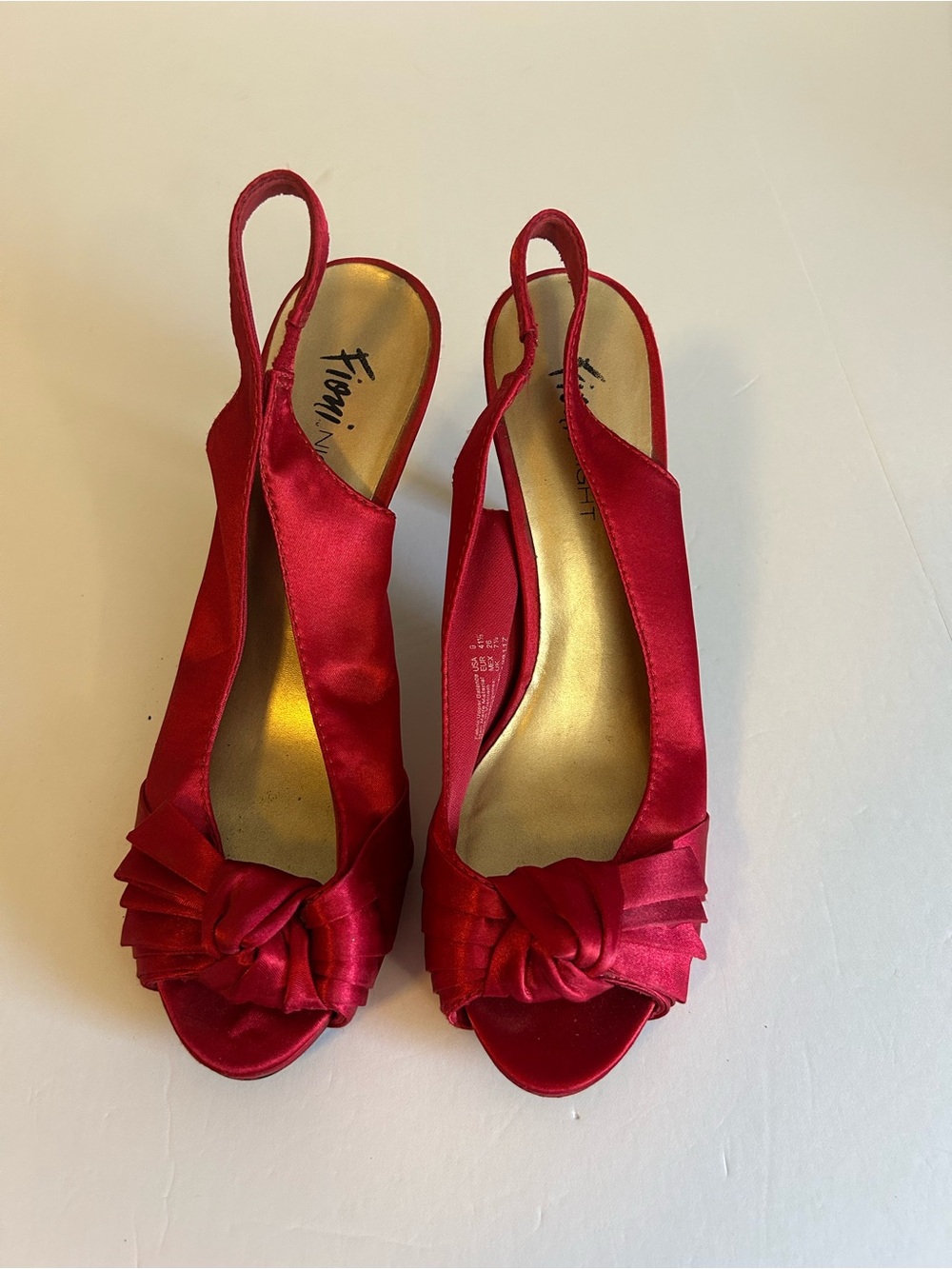 FIONI Clothing Red Satin Knot Peep-Toe Slingback Heels